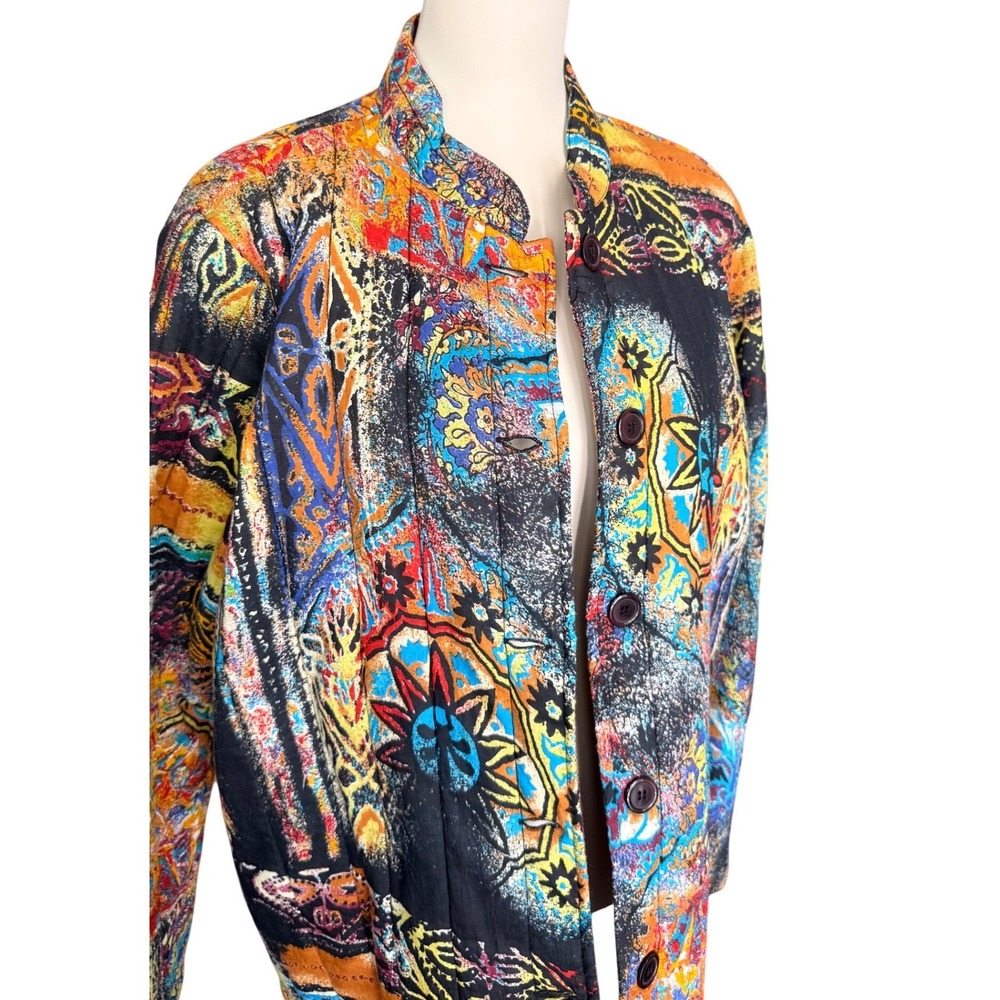 French Cuff Womens XL Quilted Cotton Jacket Multi Color Abstract Tribal Boho